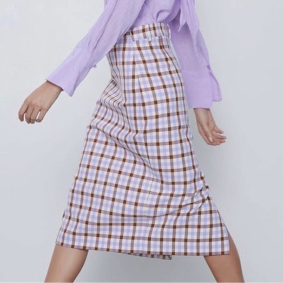 ZARA PLAID LILAC/ECRU/BROWN PENCIL SKIRT SIZE S - Picture 2 of 9